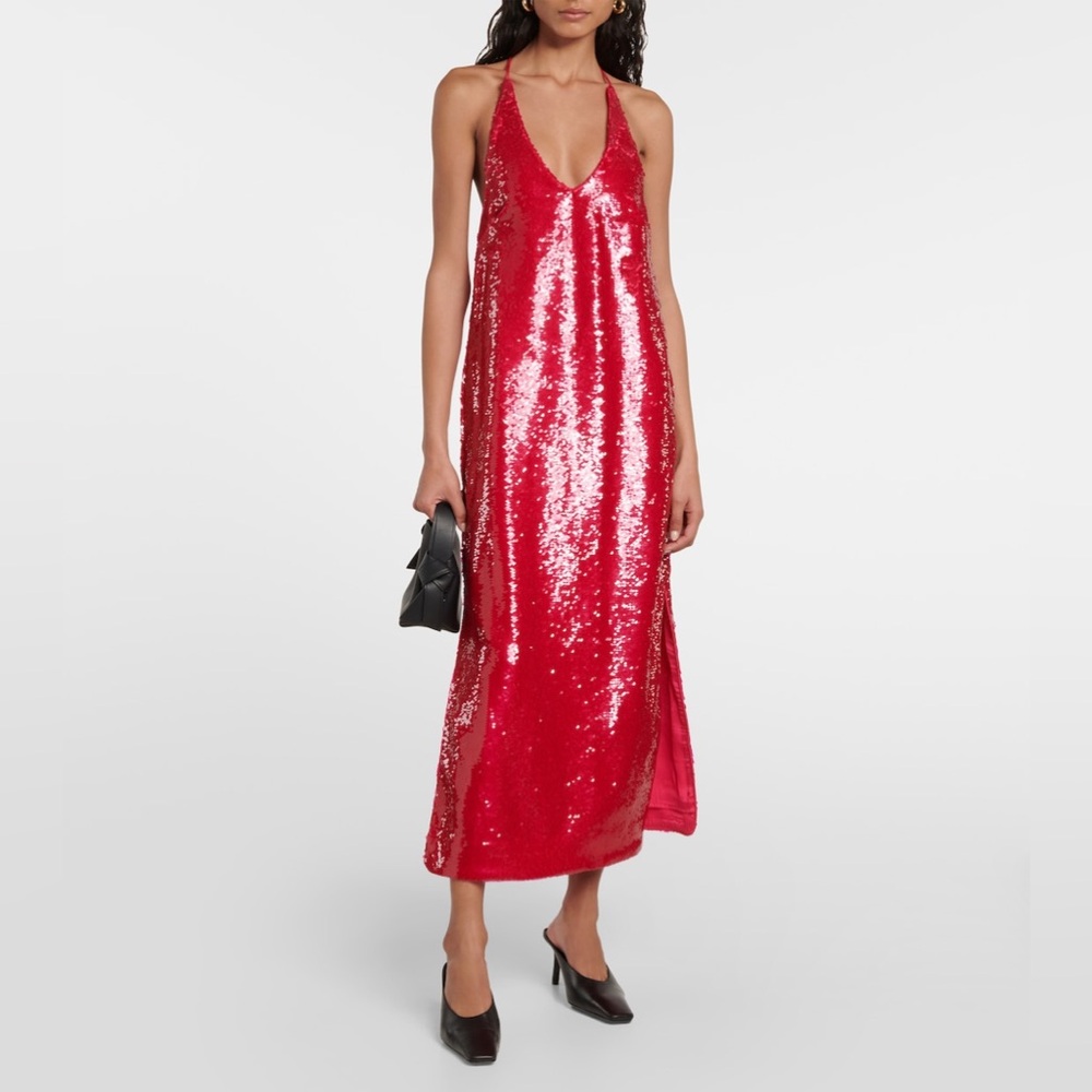 NEW Ganni Women's Red Sequined Satin Dress